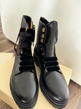 Black Leather Lace-Up Combat Boots with Gold Hardware
